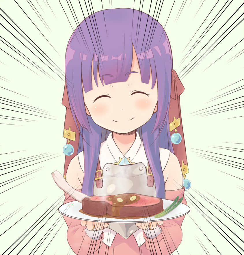 1girl, arianna_(sekaiju), armor, food, long_hair, meat, plate, sekaiju_no_meikyuu