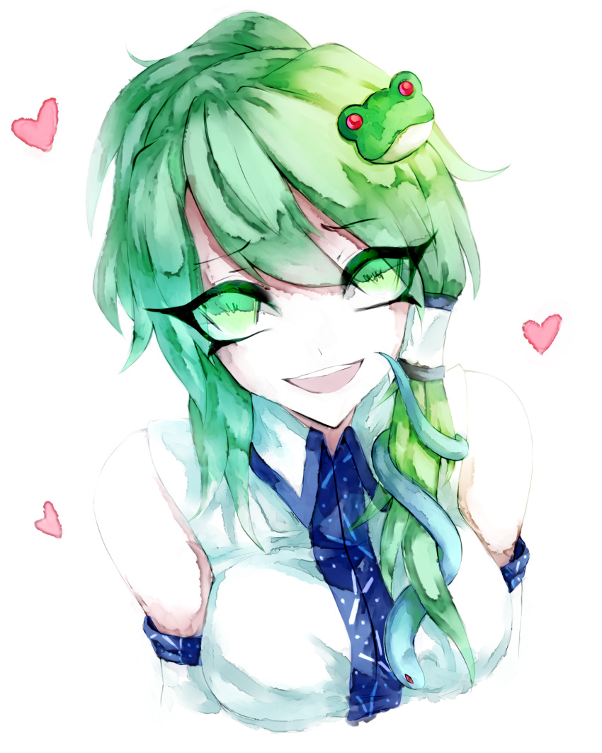 1girl, bare_shoulders, breasts, detached_sleeves, frog_hair_ornament, green_eyes, green_hair, hair_ornament