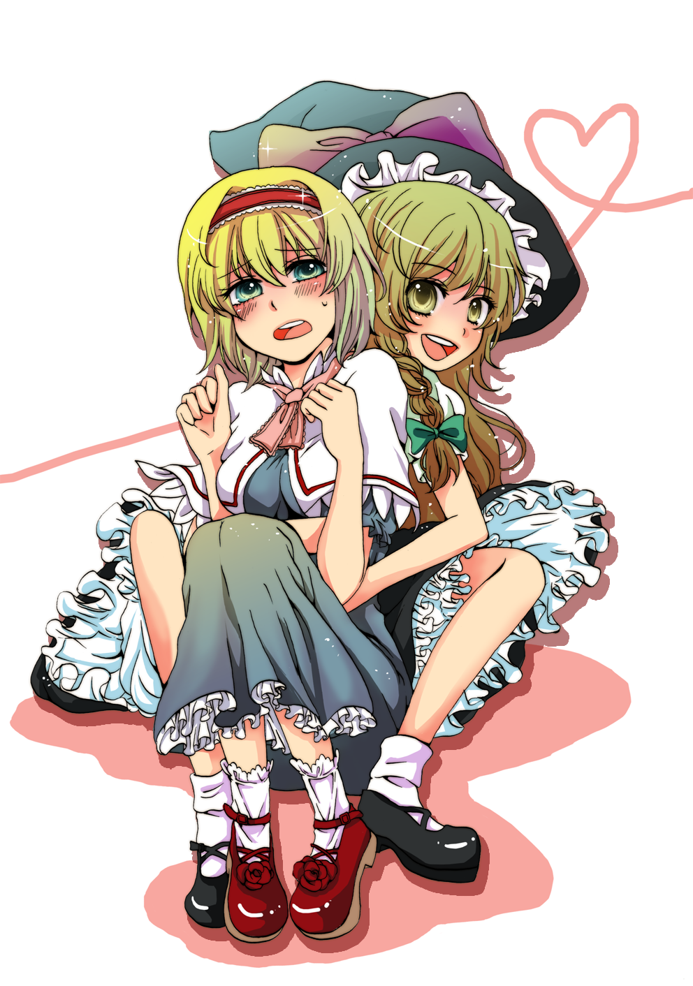 blush, highres, hug, kirisame_marisa, sitting, sweat, touhou, yamamoto_(pixiv517964)