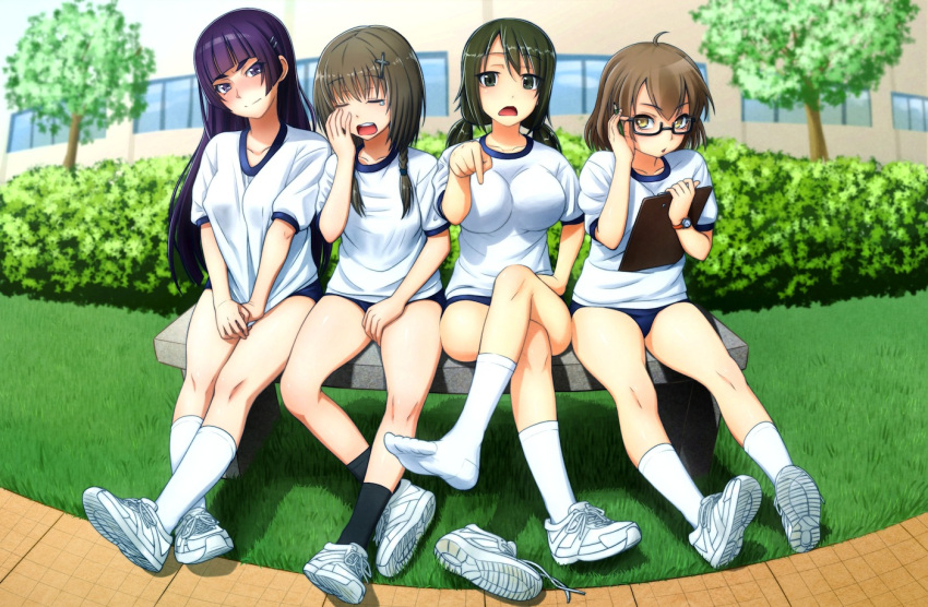 4girls, adjusting_glasses, bangs, bench, black_legwear, blunt_bangs, braid, brown_eyes, brown_hair, bush, chestnut_mouth, clipboard, closed_eyes, covering, covering_crotch, crying, d:, dokidoki_yandemic, feet, glasses, grass, gym_uniform, hair_ornament, legs_crossed, long_hair, multiple_girls, open_mouth, outdoors, pen, pointing, purple_hair, shirt_pull, shoes, shoes_removed, single_shoe, sitting, sneakers, socks, swept_bangs, tears, twintails, violet_eyes, white_legwear, x_hair_ornament, yawning, zenzai_(zenzaio72)