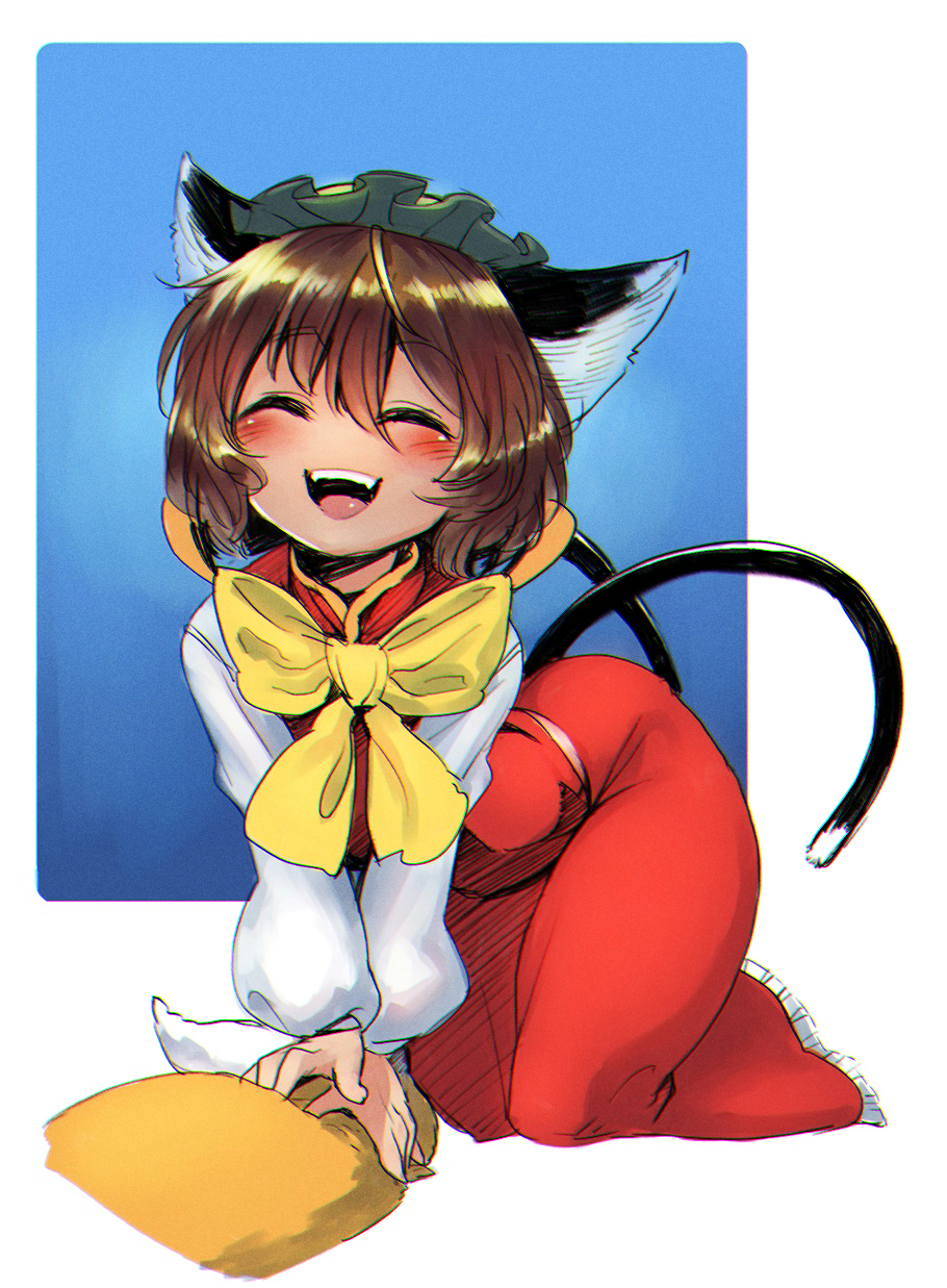 1girl, all_fours, anchors, animal_ears, brown_hair, cat_ears, cat_tail, chen