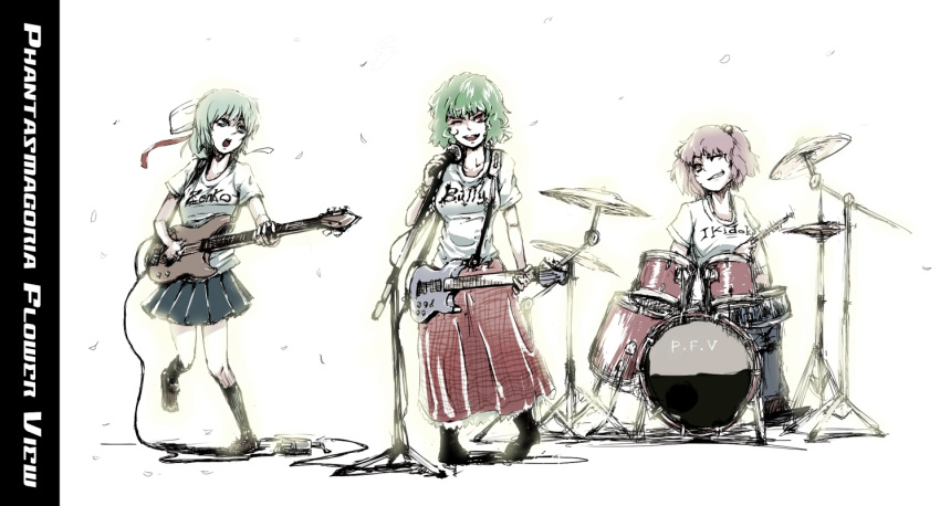 3girls, band, bass_guitar, blue_hair, casual, contemporary, drum, drum_set