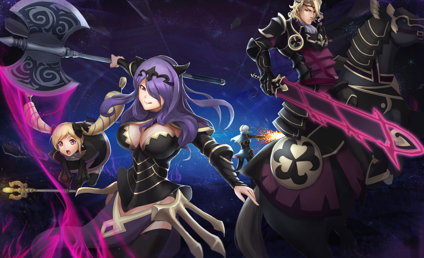 2boys, 2girls, armor, attack, axe, battle_axe, black_armor, black_boots, black_panties, blonde_hair, blue_background, boots, breasts, brother_and_sister, brothers, camilla_(fire_emblem_if), capelet, cleavage, corset, dark_background, earrings, elise_(fire_emblem_if), energy, family, fire, fire_emblem, fire_emblem_if, gauntlets, hair_ribbon, highres, holding, holding_weapon, horse, horseback_riding, jewelry, large_breasts, leon_(fire_emblem_if), licking_lips, lips, long_hair, looking_at_viewer, marx_(fire_emblem_if), multiple_boys, multiple_girls, naxu, panties, purple_hair, ribbon, riding, serious, short_hair, siblings, sisters, staff, sword, thigh-highs, thigh_boots, tiara, tongue, tongue_out, twintails, underwear, vambraces, very_long_hair, violet_eyes, wavy_hair, weapon