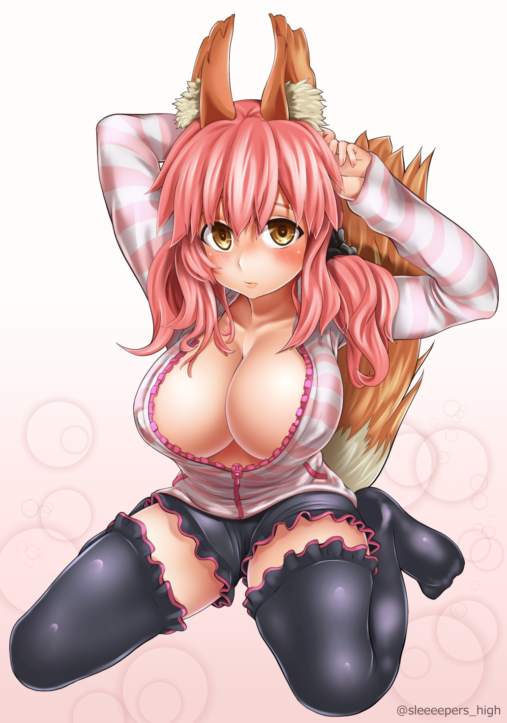 1girl, animal_ears, bad_id, bad_pixiv_id, black_legwear, blush, breasts, casual, cleavage, collarbone, daiwa_(daicon), fate/extra, fate/extra_ccc, fate_(series), fox_ears, fox_tail, highres, large_breasts, looking_at_viewer, nail_polish, no_bra, open_clothes, open_shirt, pink_hair, shirt, sitting, solo, tail, tamamo_(fate)_(all), tamamo_no_mae_(fate), twitter_username, yellow_eyes