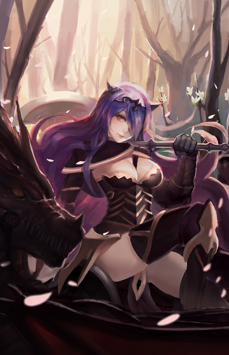 1girl, armor, axe, battle_axe, black_armor, black_boots, boots, breasts, bustier, camilla_(fire_emblem_if), cleavage, dragon, fire_emblem, fire_emblem_if, flower, forest, highres, holding, holding_weapon, large_breasts, lips, long_hair, looking_at_viewer, marzia_(fire_emblem_if), nature, petals, purple_hair, sharp_teeth, sitting, strap, teeth, tetsu_(aurvandil), thigh-highs, thigh_boots, thighs, tiara, tree, vambraces, very_long_hair, violet_eyes, weapon, wyvern, yellow_eyes