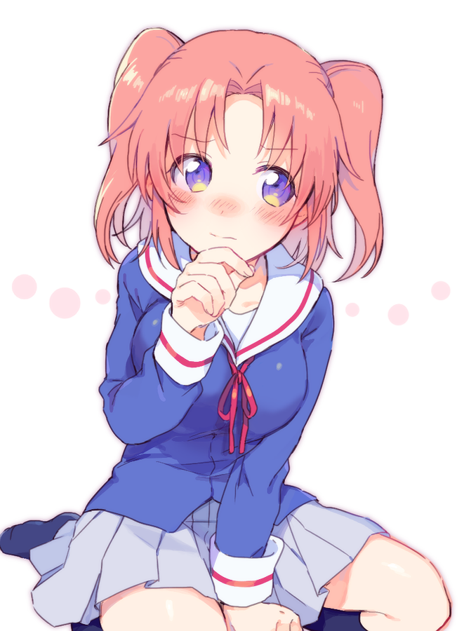 1girl, blue_skirt, blush, eyebrows, eyebrows_visible_through_hair, fuji_fujino, fujino_(unajisaiko), mikakunin_de_shinkoukei, pink_hair, pleated_skirt, school_uniform, short_hair, skirt, solo, twintails, violet_eyes, yonomori_kobeni