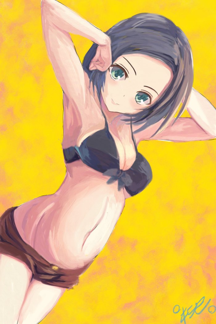 1girl, alternate_costume, armpits, arms_up, artist_name, bare_shoulders, black_bra, black_hair
