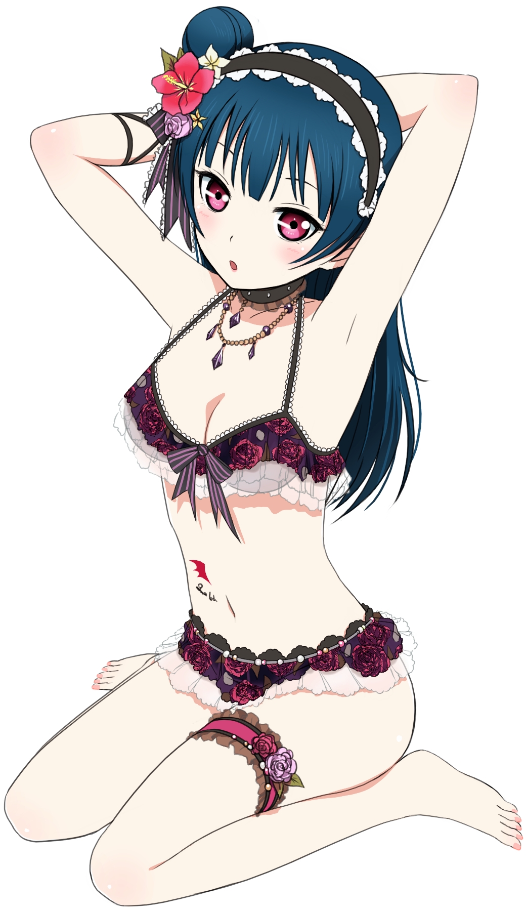 1girl, :o, armpits, arms_up, barefoot, black_hair, blush, bra