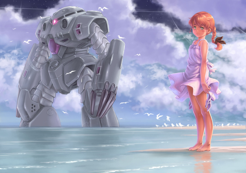 1girl, barefoot, beach, bird, blush, braid, brown_hair, clouds