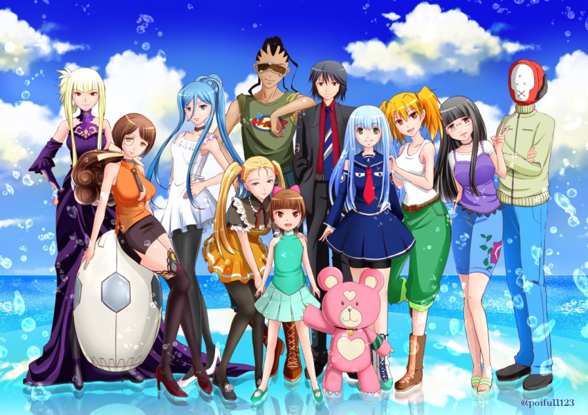 3boys, 6+girls, aoki_hagane_no_arpeggio, chihaya_gunzou, clouds, dress, egg, formal