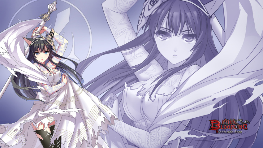 1girl, animal_ears, black_hair, black_legwear, bloodline, blue_eyes, breasts, cleavage