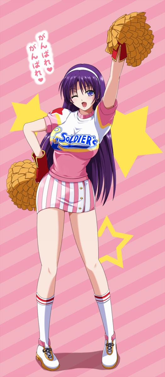 1girl, ;d, asamiya_athena, blush, breasts, cheering, cheerleader, fingerless_gloves