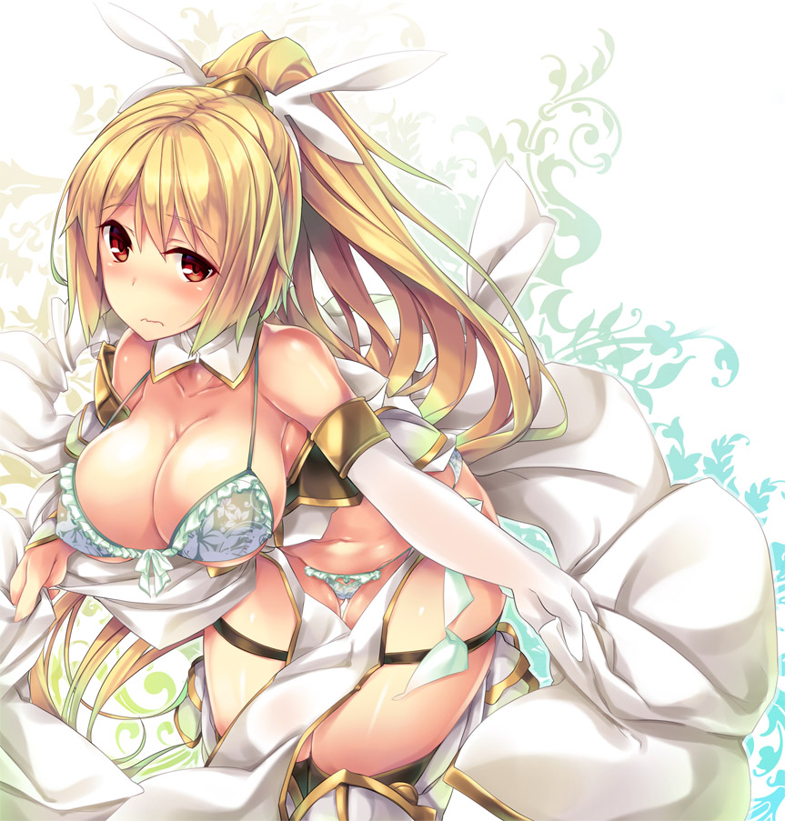 1girl, aqua_bikini, bare_shoulders, bikini, blonde_hair, blush, breasts, brown_eyes