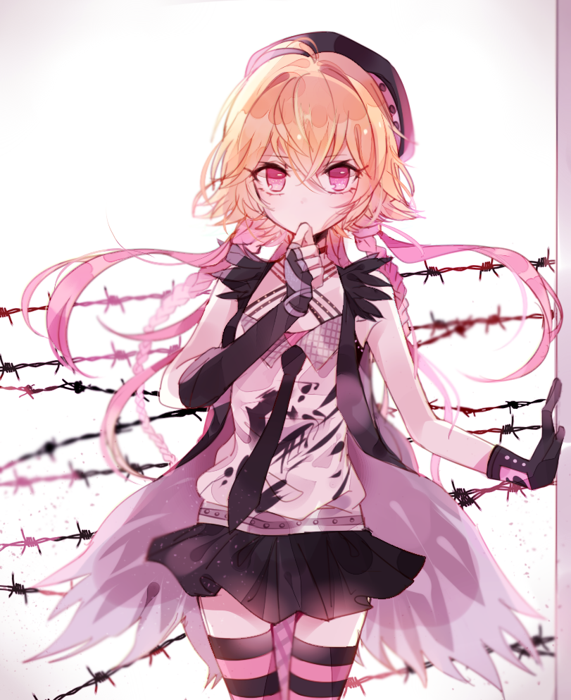1girl, beret, black_gloves, black_skirt, braid, fingerless_gloves, gloves, hat