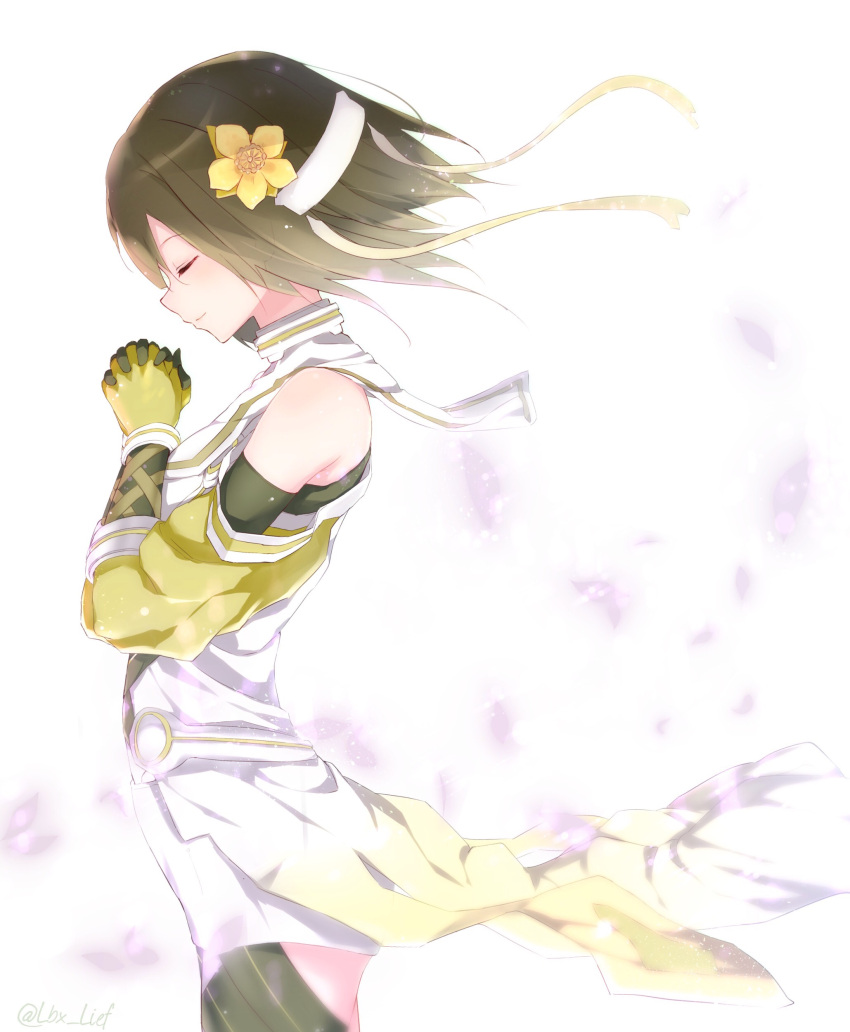 1girl, absurdres, bare_shoulders, brown_hair, closed_eyes, flower, from_side, gloves