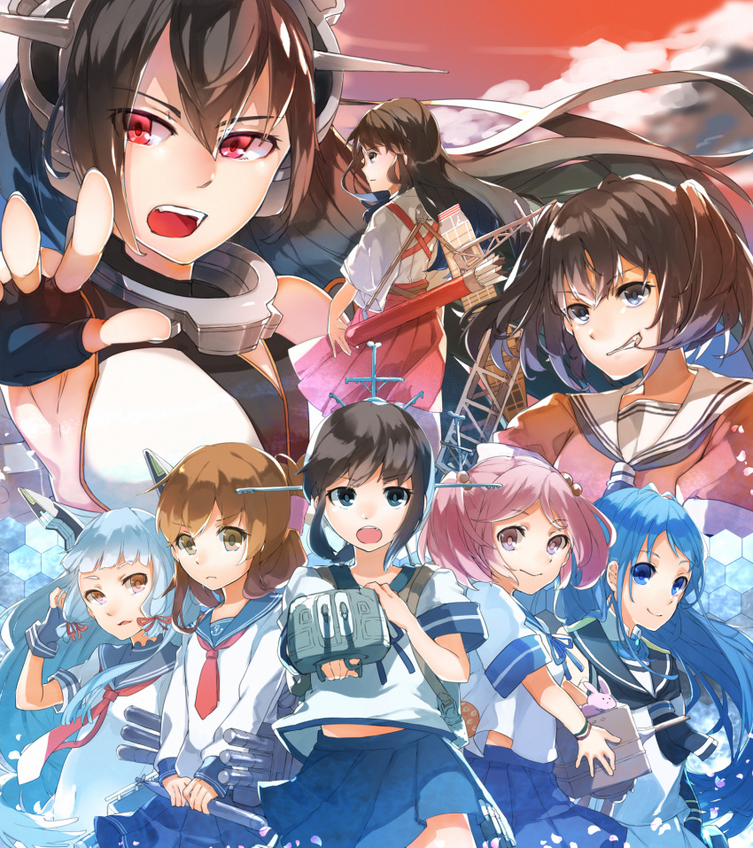 6+girls, aiming_at_viewer, akagi_(kantai_collection), anchor_symbol, armpits, arrow, bangs, black_gloves