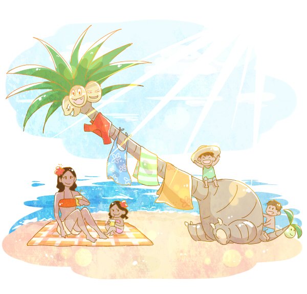 10s, 2boys, 2girls, alolan_exeggutor, amaamaamaou, beach, black_hair, blanket, brown_hair, child, drinking, drying_clothes, exeggutor, flower, hair_flower, hair_ornament, hat, multiple_boys, multiple_girls, ocean, pokemon, pokemon_(creature), pokemon_(game), pokemon_sm, sarong, shirt, shorts, sitting, smile, straw_hat, t-shirt, tan, towel