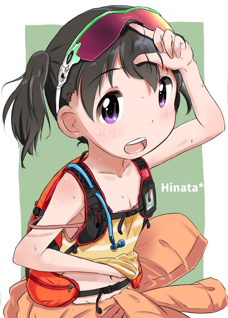 1girl, ashida_ichirou, backpack, bag, bare_shoulders, black_hair, blush, camisole