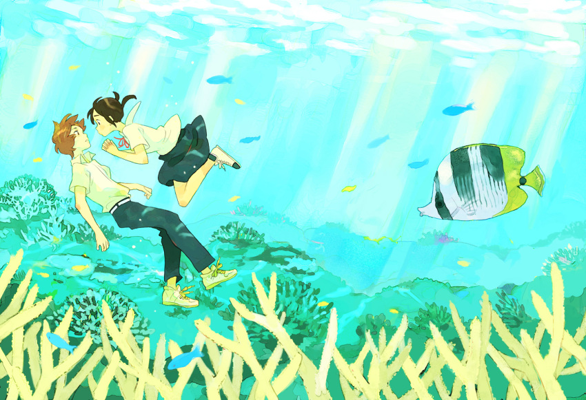 1boy, 1girl, brown_hair, coral, fish, flat_color, floating_hair, hands_clasped