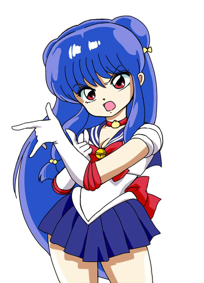 1girl, bishoujo_senshi_sailor_moon, blue_hair, blue_skirt, bow, choker, cleavage, crossover
