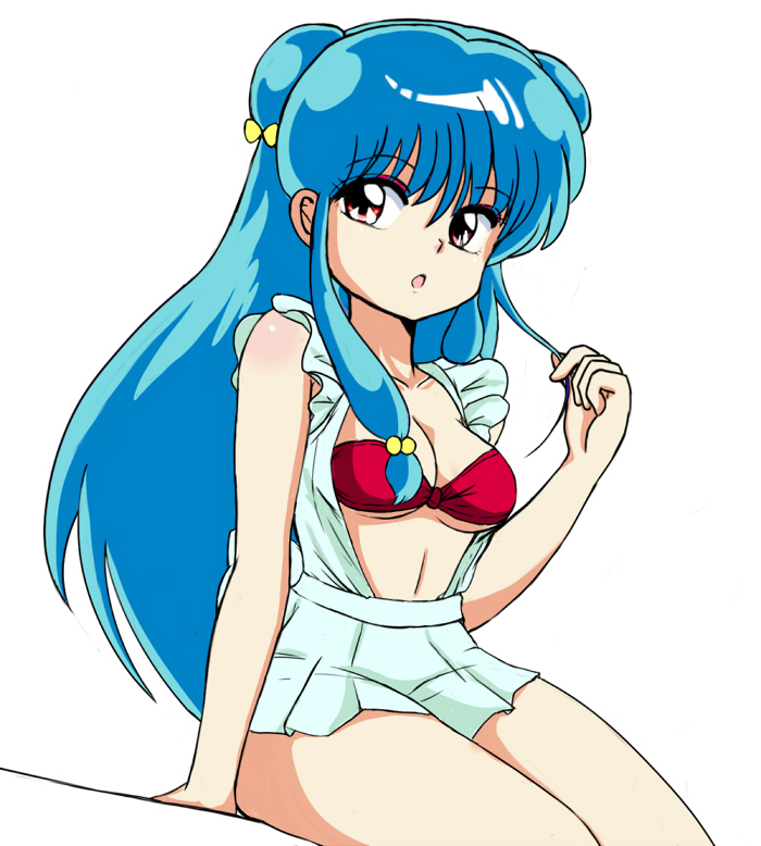 1girl, aqua_hair, arm_support, cleavage, cyocomi3, female, long_hair, microskirt