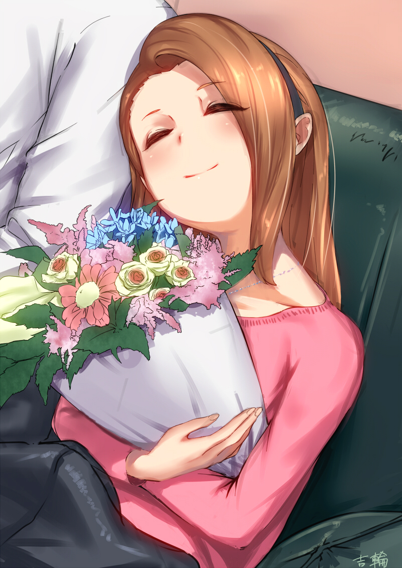 1boy, 1girl, bouquet, brown_hair, closed_eyes, couch, flower, happy