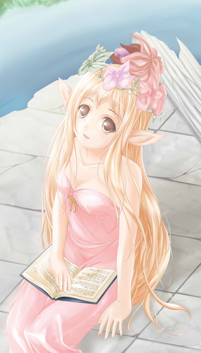 animal_ears, blonde_hair, book, breasts, cleavage, fantasy_earth_zero, flower, hair_flower