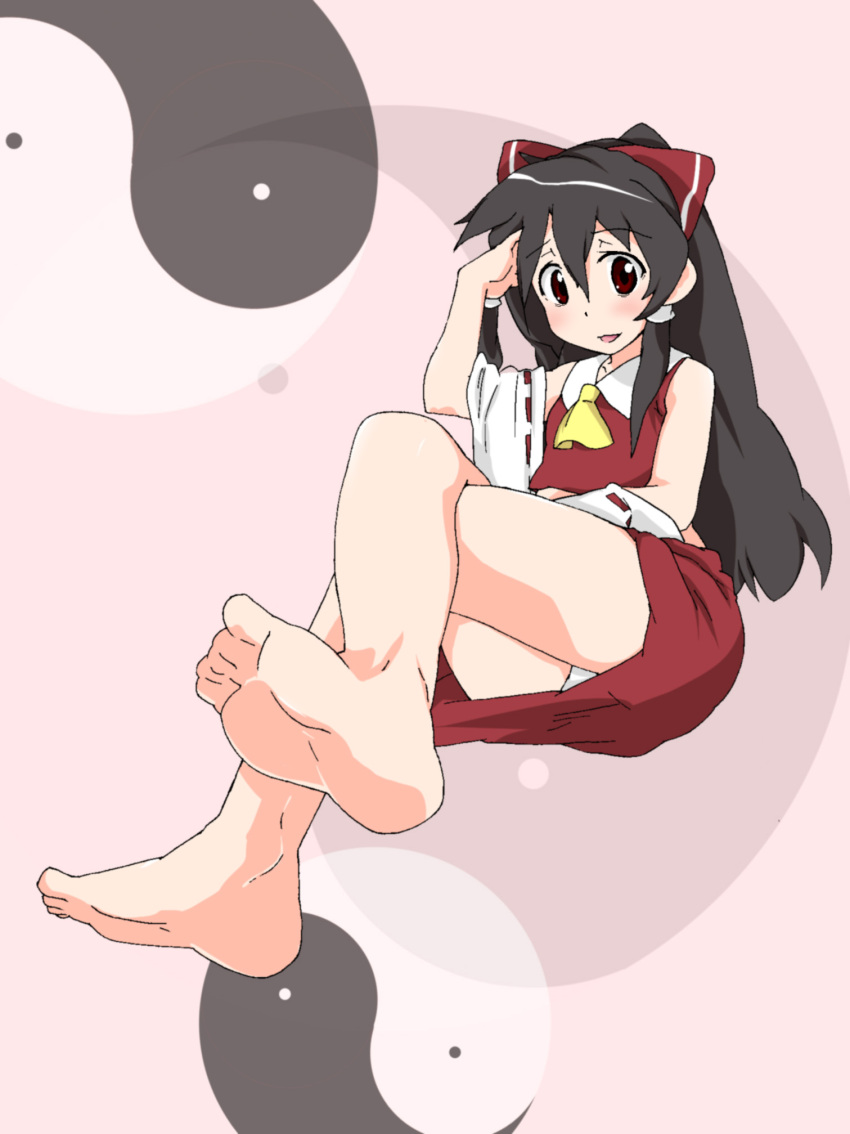 1girl, :d, adjusting_hair, ascot, ase_(nigesapo), bare_legs, barefoot, black_hair