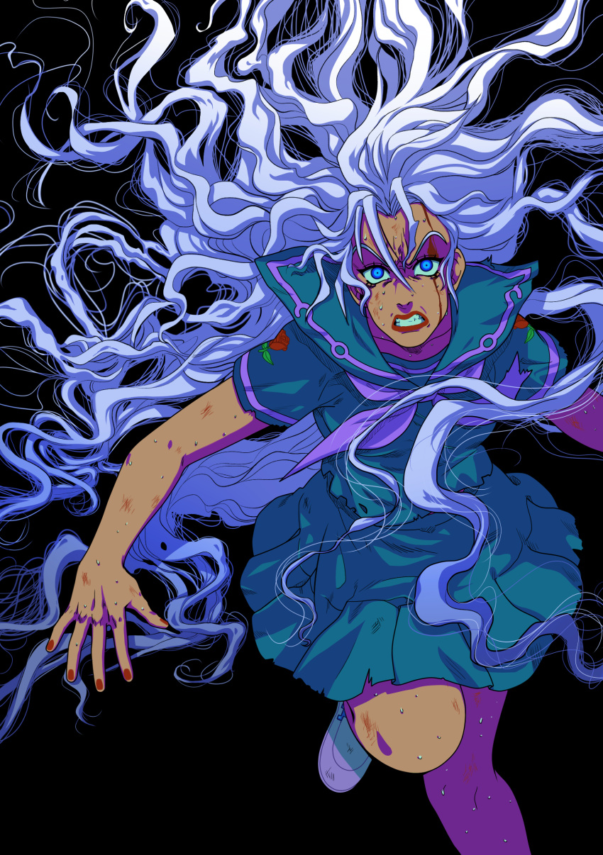 1girl, absurdres, alternate_hair_color, angry, blood, blue_eyes, bruise, clenched_teeth