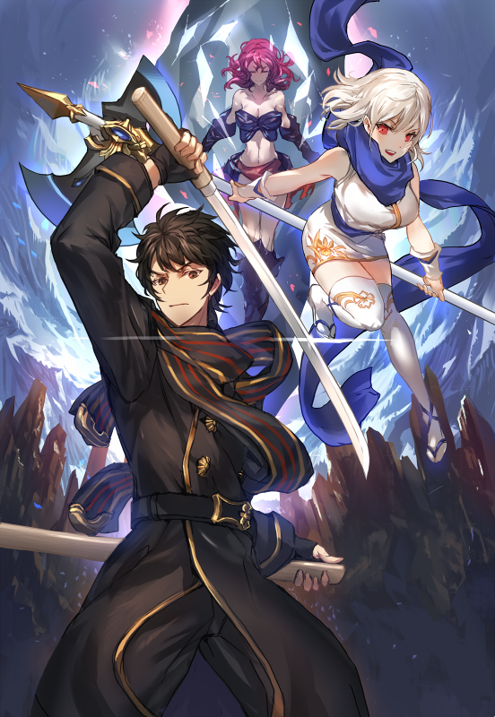 1boy, 2girls, axe, black_hair, breasts, brown_eyes, character_request, cleavage