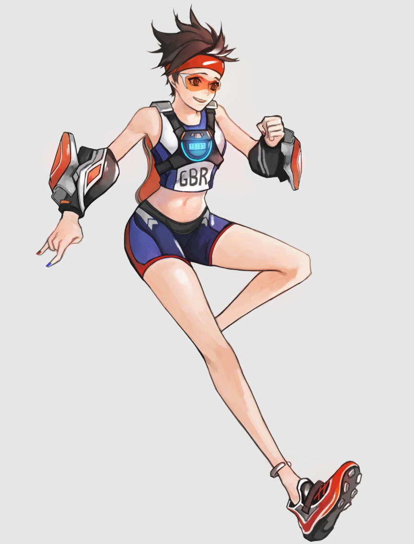 1girl, \m/, absurdres, anklet, bare_shoulders, bike_shorts, blue_nails, brown_eyes