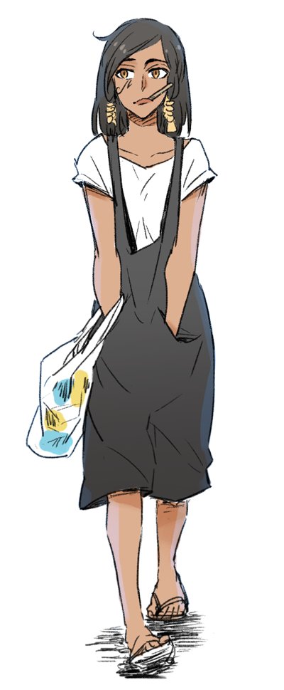 1girl, anco_(platanity), bag, bangs, black_hair, braid, brown_eyes, brown_lipstick, collarbone, dark_skin, eye_of_horus, facial_mark, facial_tattoo, flip-flops, hair_tubes, hands_in_pockets, lips, lipstick, makeup, mouth_hold, overalls, overwatch, pharah_(overwatch), plastic_bag, sandals, short_hair, side_braids, simple_background, solo, suspenders, tattoo, walking, white_background