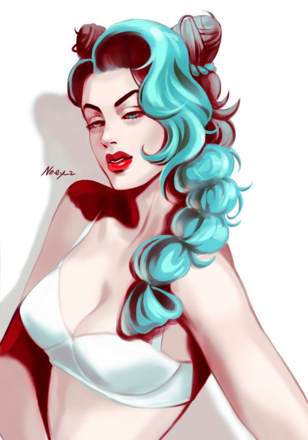 1girl, aqua_eyes, aqua_hair, artist_name, black_hair, bra, braid, double_bun