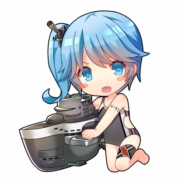 >:d, 1girl, :d, bare_arms, bare_legs, barefoot, blue_eyes, blue_hair, blush, blush_stickers, cannon, character_name, chibi, disembodied_blush, fang, full_body, holding, jiang-ge, kneeling, legband, looking_at_viewer, machinery, number_tattoo, one-piece_swimsuit, open_mouth, side_ponytail, simple_background, smile, solo, submarine, swimsuit, tattoo, u47_(zhan_jian_shao_nyu), watercraft, white_background, zhan_jian_shao_nyu