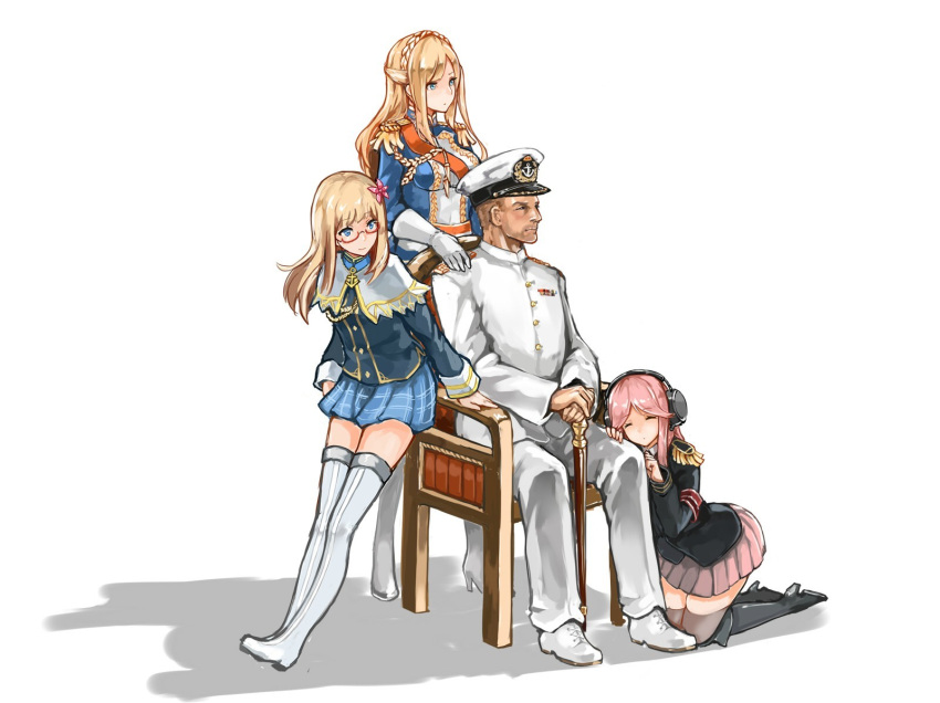 15k, 1boy, 3girls, admiral_(zhan_jian_shao_nyu), aiguillette, anchor, arm_support, armband, black_boots, black_jacket, blonde_hair, blue_eyes, blue_jacket, blue_skirt, boots, braid, breasts, buttons, cane, capelet, chair, closed_eyes, crown_braid, epaulettes, flower, french_braid, full_body, glasses, gloves, hair_flower, hair_ornament, hand_on_another's_leg, hand_on_another's_shoulder, hat, headphones, high_heel_boots, high_heels, highres, holding, hood_(zhan_jian_shao_nyu), jacket, kneeling, leaning_back, long_hair, long_sleeves, looking_to_the_side, military, military_uniform, multiple_girls, pants, peaked_cap, pink_flower, pink_hair, pink_skirt, pleated_skirt, red-framed_eyewear, richelieu_(zhan_jian_shao_nyu), sash, shoes, short_hair, sitting, skirt, standing, thigh-highs, thigh_boots, tirpitz_(zhan_jian_shao_nyu), uniform, very_short_hair, white_background, white_boots, white_gloves, white_hat, white_jacket, white_legwear, white_pants, white_shoes, zettai_ryouiki, zhan_jian_shao_nyu