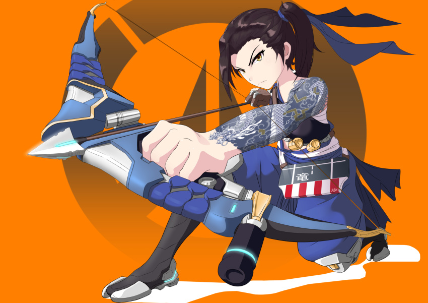 1girl, arrow, bow_(weapon), brown_hair, crossover, hanzo_(overwatch), hanzo_(overwatch)_(cosplay), highres