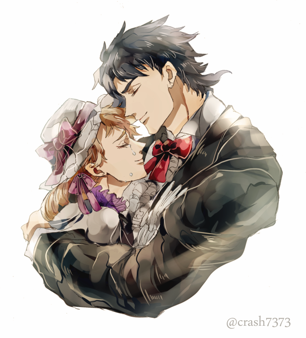 1boy, 1girl, black_hair, blonde_hair, closed_eyes, couple, erina_pendleton, frills