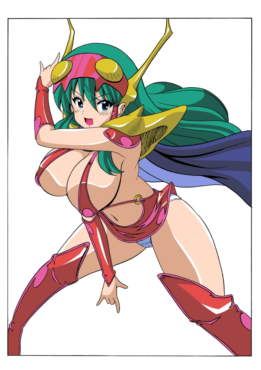 1girl, 90s, blue_eyes, blush, boots, breasts, cape, cleavage