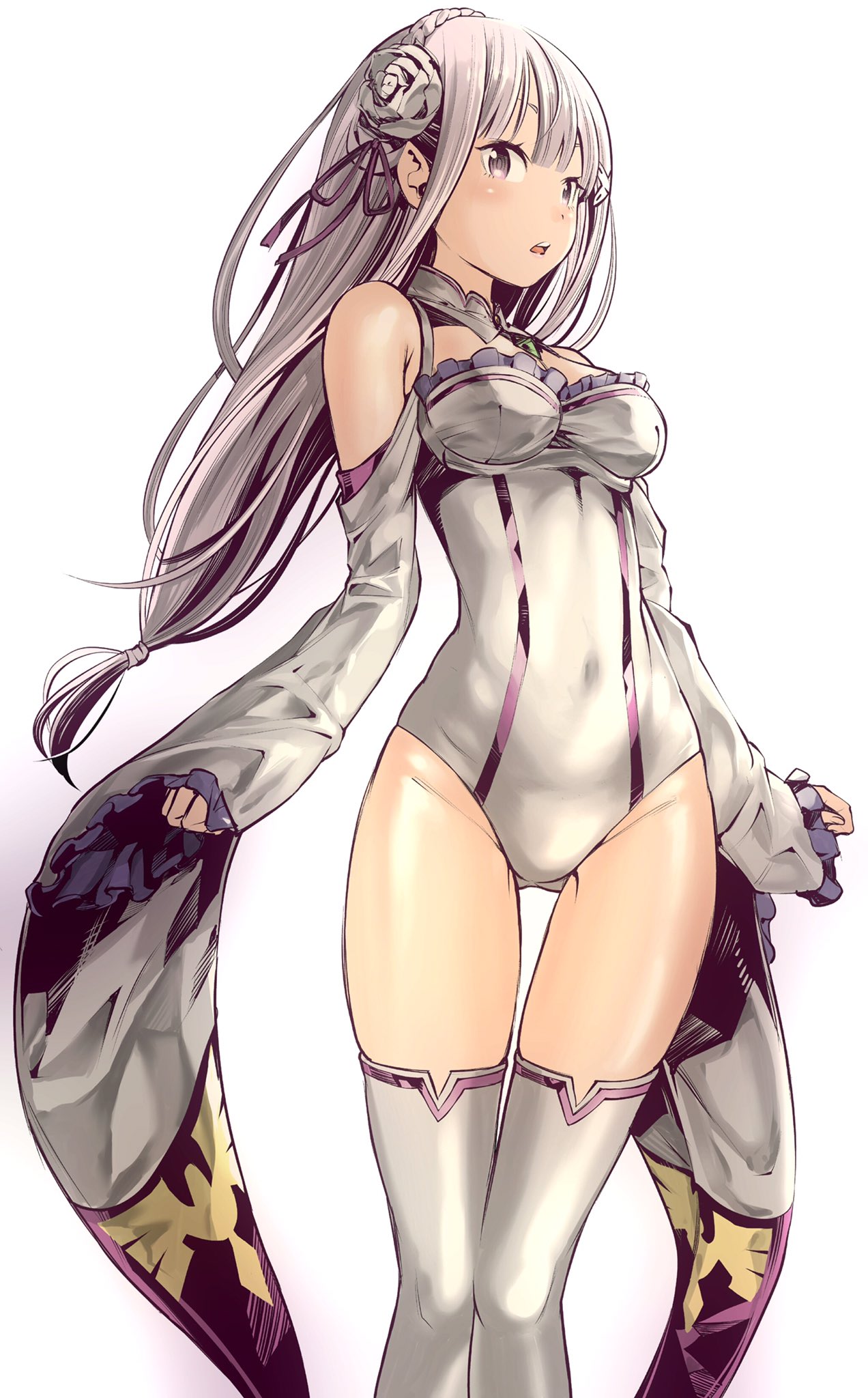 1girl, adapted_costume, bare_shoulders, breasts, cleavage, covered_navel, emilia_(re:zero), flower, fukushima_masayasu, grey_eyes, hair_flower, hair_ornament, highres, leotard, long_hair, looking_at_viewer, masayasuf, re:zero_kara_hajimeru_isekai_seikatsu, silver_hair, simple_background, solo, thigh-highs, white_background, white_legwear