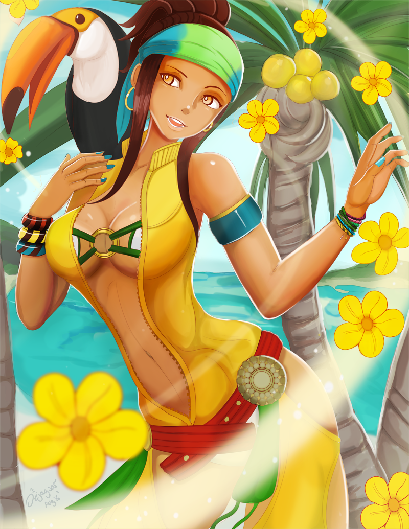 1girl, artist_name, beach, bird, bracelet, brown_hair, center_opening, coco_(kof)