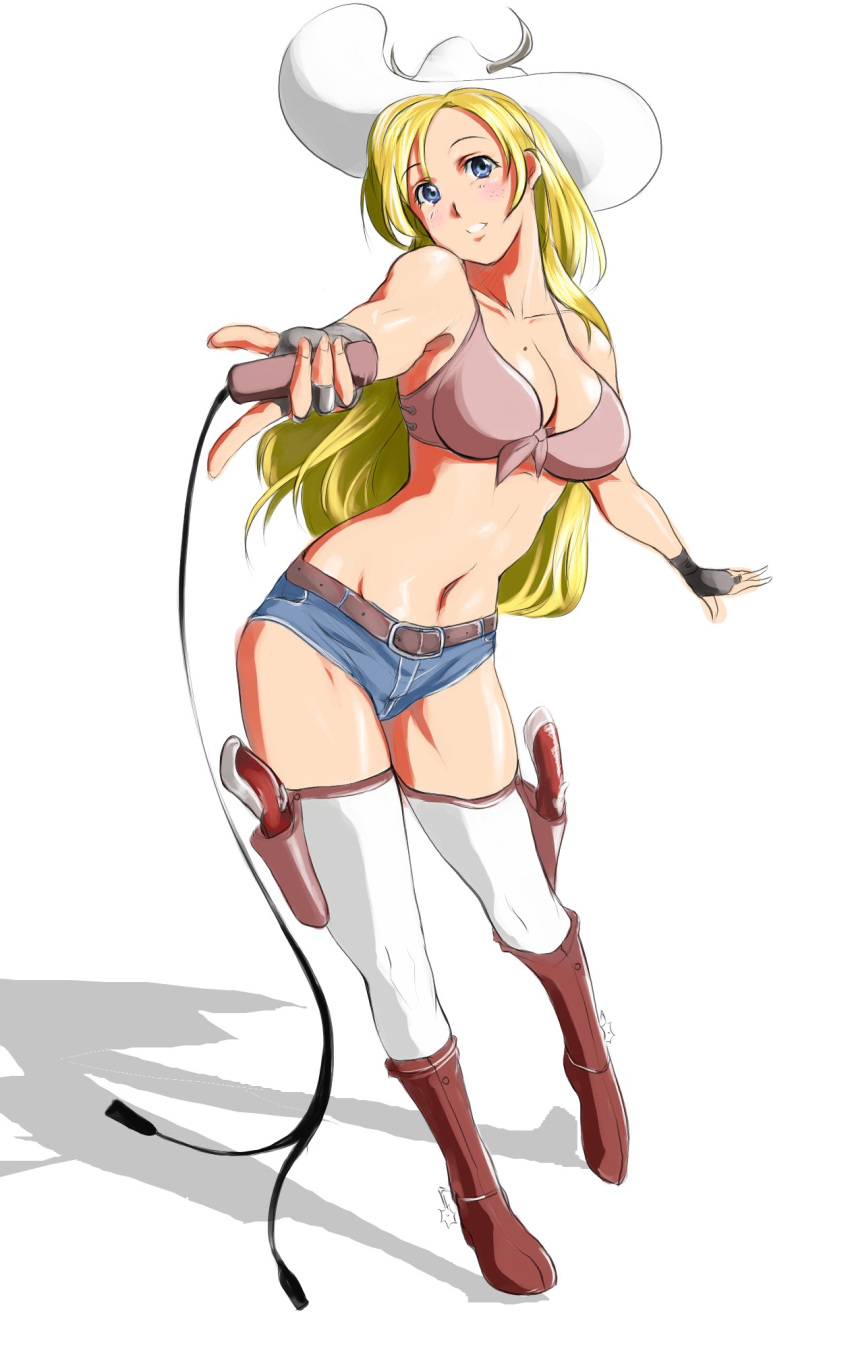 1girl, blue_eyes, boots, breasts, cleavage, cowboy_boots, cowboy_hat, denim, denim_shorts, fingerless_gloves, freckles, gloves, gun, hat, highres, large_breasts, legs, long_hair, midriff, mole, navel, original, saru_ass, short_shorts, shorts, solo, thigh_strap, thighhighs, weapon, western, whip