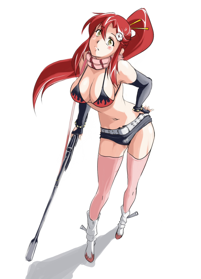 1girl, belt, bikini_top, boots, breasts, cleavage, fingerless_gloves, gloves