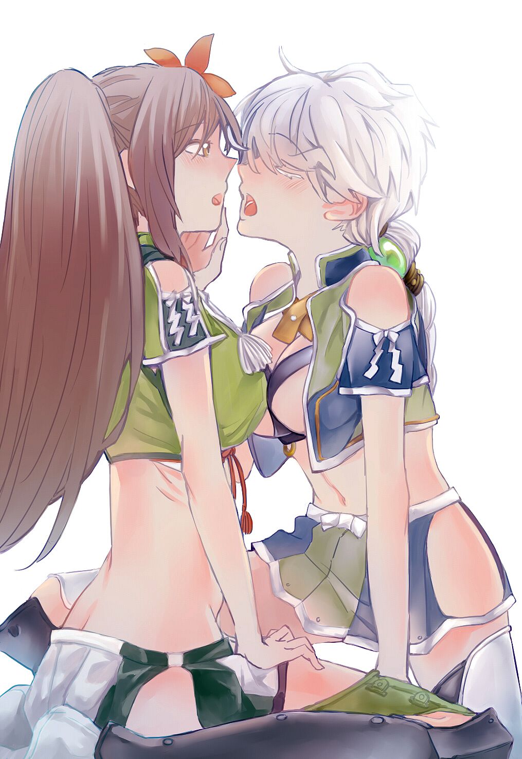 2girls, alternate_color, amagi_(kantai_collection), bai_lao_shu, bare_shoulders, black_legwear, blush, braid