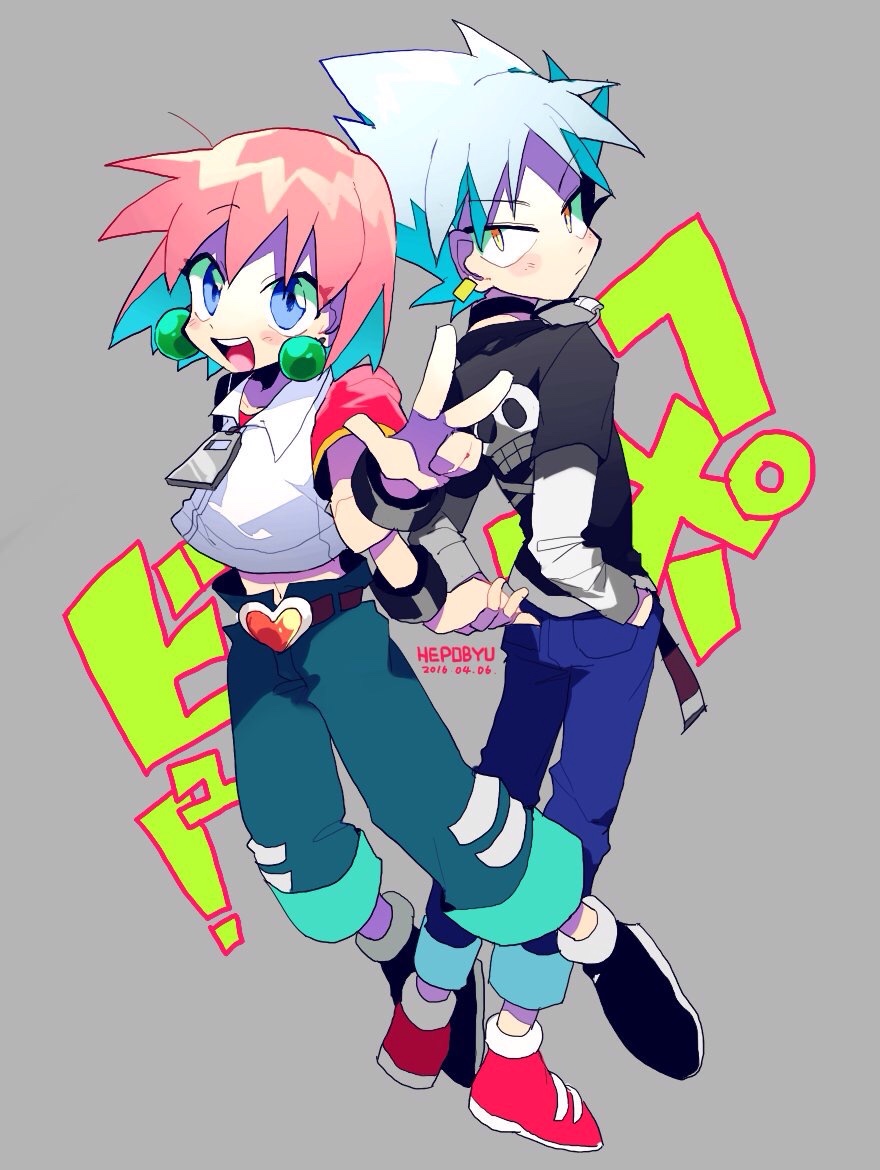 1boy, 1girl, beauty, belt, blue_eyes, bobobo-bo_bo-bobo, cropped_jacket, earrings, gomoku418, grey_background, hands_in_pockets, heart_belt, heppokomaru, jewelry, looking_at_viewer, orange_eyes, pants, pants_rolled_up, pink_hair, short_hair, simple_background, skull_print, smile, spiky_hair, white_hair, zipper