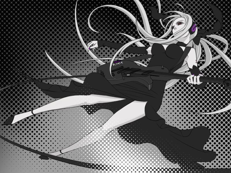 bad_id, chikotsu, dress, guitar, instrument, long_hair, monochrome, ponytail