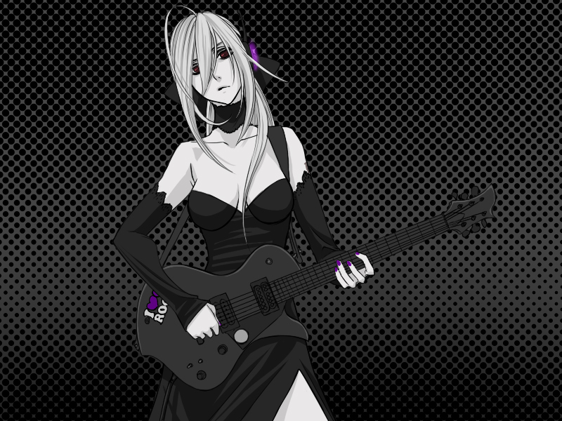 breasts, chikotsu, choker, cleavage, dress, elbow_gloves, gloves, guitar