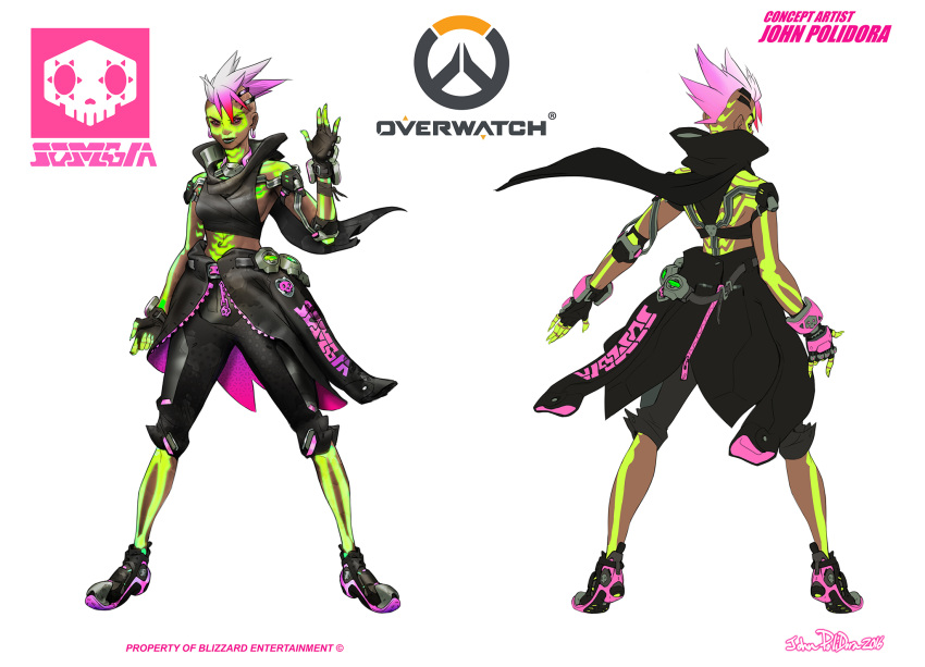 1girl, alternate_costume, alternate_hairstyle, blizzard_(company), character_name, clothes_around_waist, concept_art, copyright_name, dark_skin, earrings, facial_tattoo, highres, jewelry, john_polidora, logo, los_muertos_sombra, midriff, mohawk, multiple_views, navel, navel_piercing, official_art, overwatch, piercing, pink_hair, shoes, sneakers, solo, sombra_(overwatch), spiky_hair, tattoo