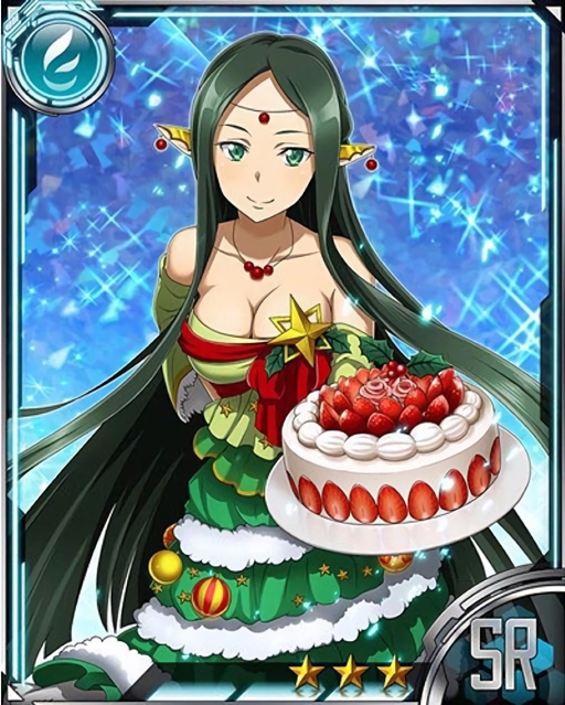 1girl, breasts, cake, card_(medium), cleavage, collarbone, detached_sleeves, food