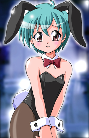 animal_ears, aqua_hair, brown_eyes, bunny_ears, bunnysuit, juugo_(tokimaturi), lowres, male, pantyhose, rabbit_ears, sakaki_takumi, short_hair, takumi_sakaki, tokimeki_memorial, trap, v_arms