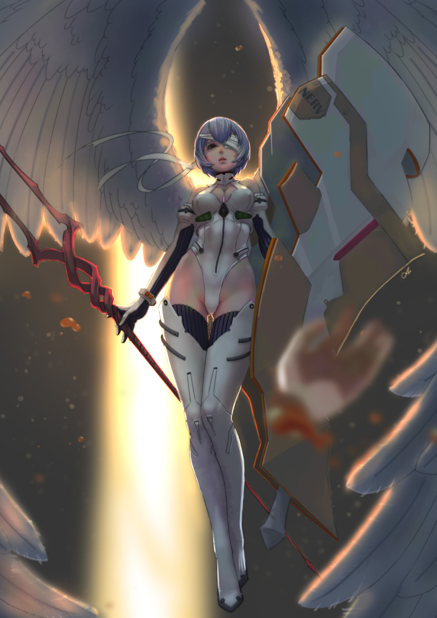 1girl, absurdres, ayanami_rei, blue_hair, breasts, chuxin_de_mao, cleavage, highres, red_eyes, solo